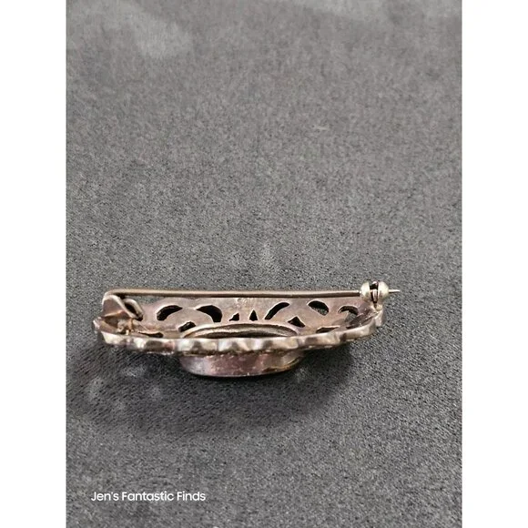 Antique Sterling Silver & Marcasite Brooch‎ With Black Onyx Stone